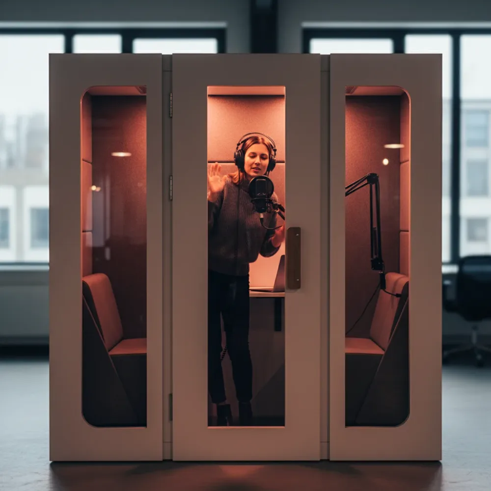 Grabación de podcast dentro de una cabina acústica SilentBox con micrófono profesional