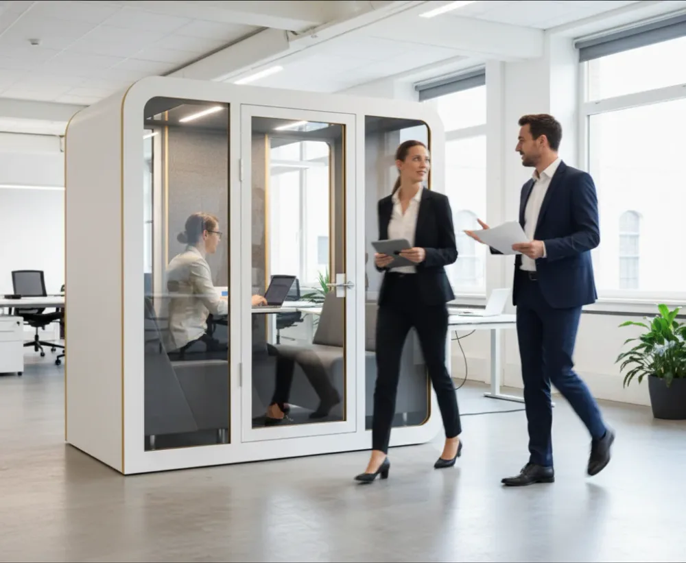Colegas caminando junto a una cabina SilentBox en un pasillo de oficina moderna