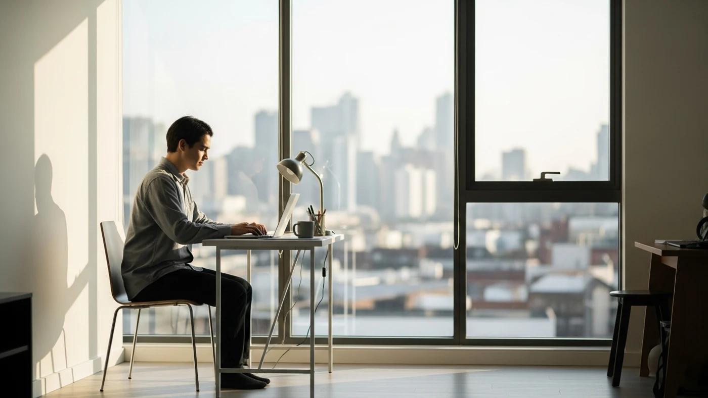 Persona concentrada con portátil junto a ventanal