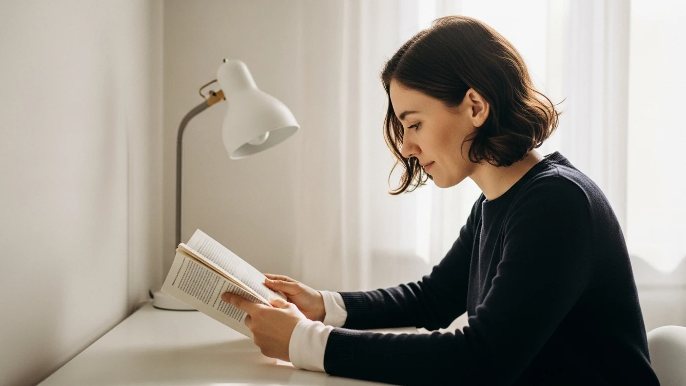 Persona leyendo concentrada en escritorio minimal