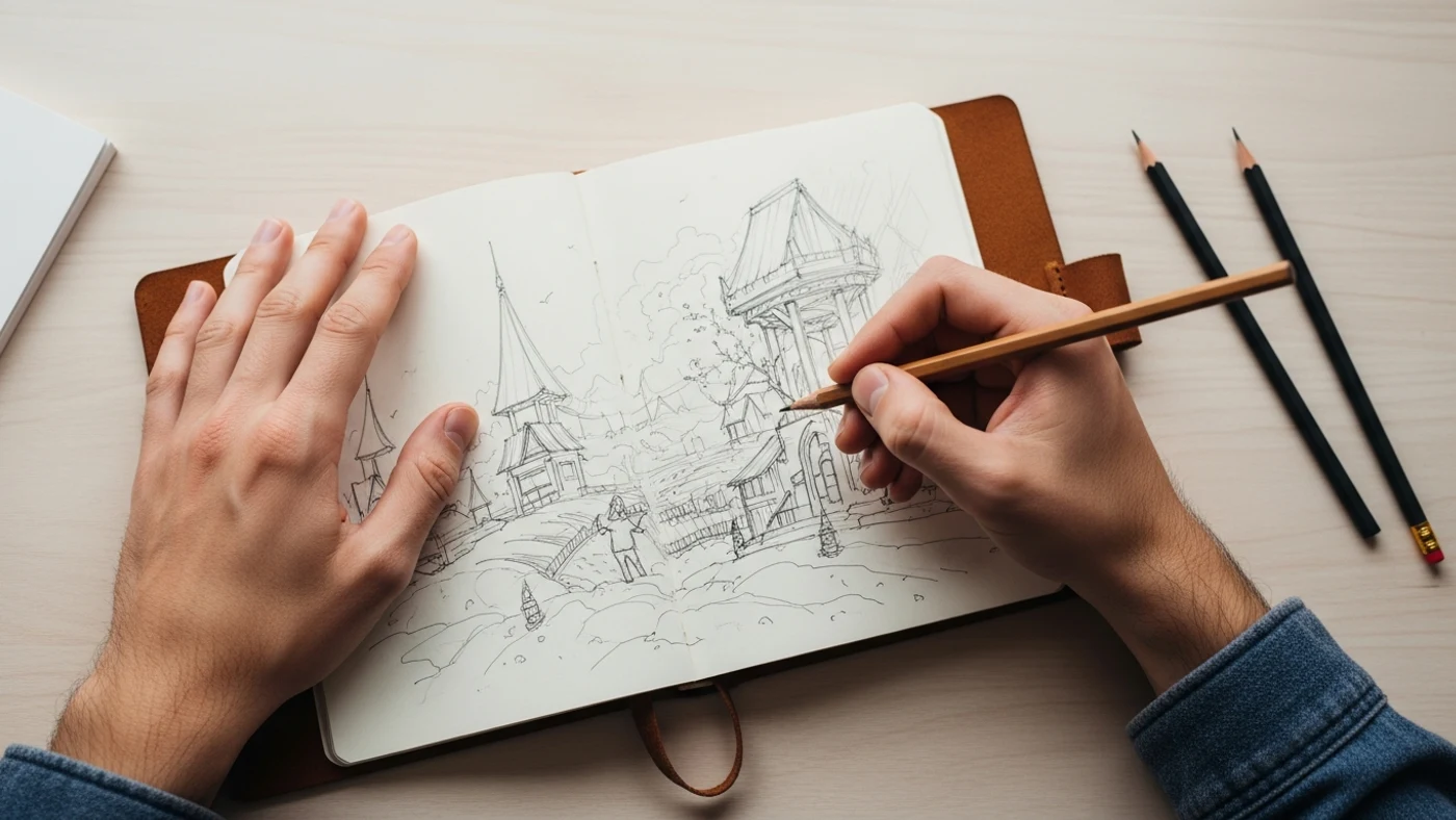 Manos dibujando en cuaderno