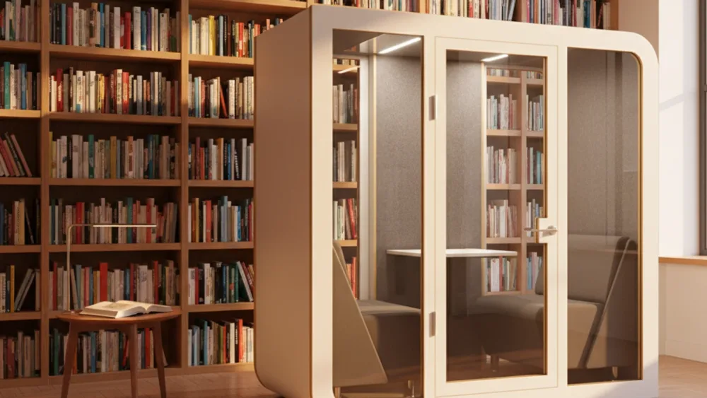 Cabina acústica SilentBox en biblioteca minimalista de roble