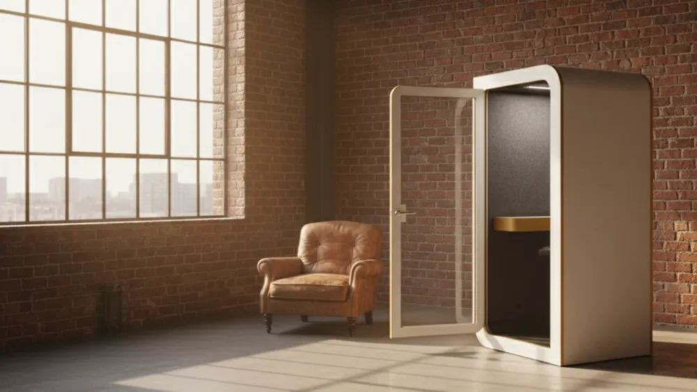 Cabina acústica SilentBox en loft industrial con ventanal