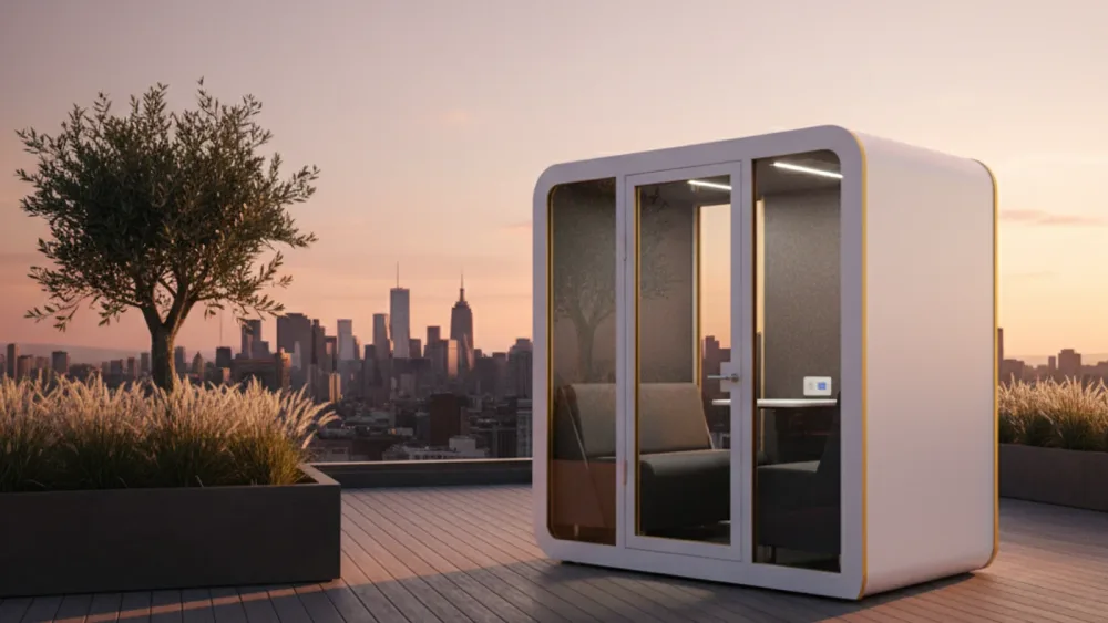 Cabina acústica SilentBox en azotea al atardecer con horizonte urbano