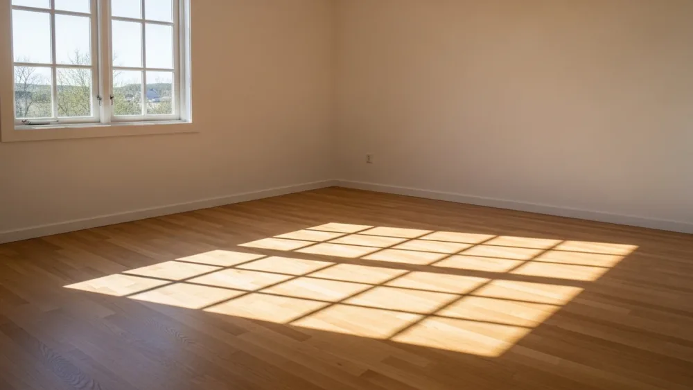 Sombras geométricas de luz matinal en suelo de madera